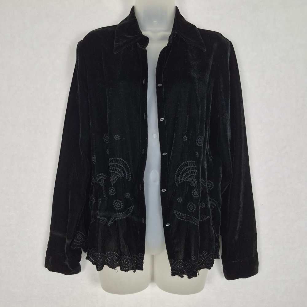 Black Velvet Embroidered Button Down Shacket Sz 8 Whimsigoth Dark Romantic Boho